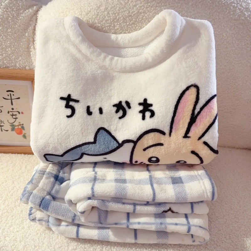 Winter Clothing Girls - Chiikawa Usagi Nakışlı Flanel Pijama Takımı