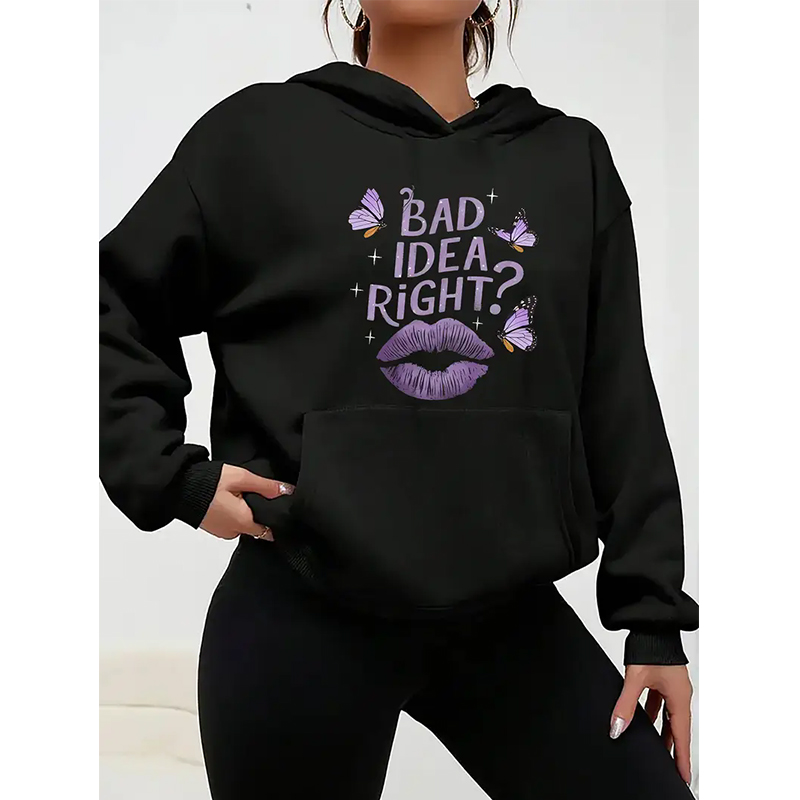 Winter Clothing Ideas - Kadın Siyah Kapüşonlu Üstleri Sloganı: 